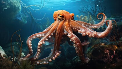 The giant octopus underwater with stunning coral reef background