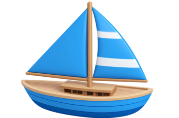 A cute cartoon sailboat icon, isometric view, blue and white wood grain color scheme, transparent background