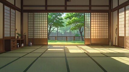 3D anime-style Japanese tatami room with sliding shoji doors and minimalistic decor