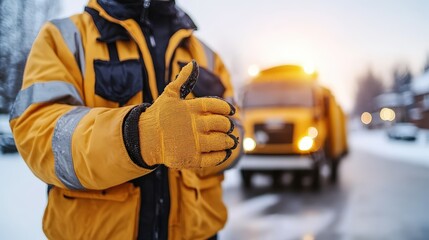 Fototapeta premium A worker wea a safety vest and gloves gives a thumbs up in front of a snowplow on a winter road.