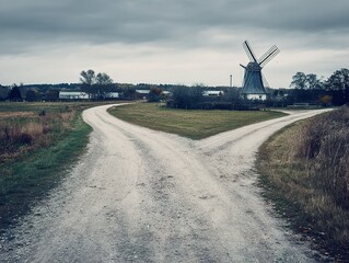 Rustic crossroads leading towards a vintage windmill.
