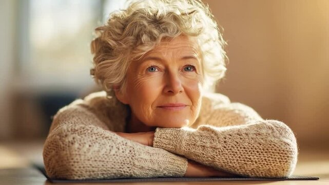 Elderly woman with gray curly hair in cozy indoor setting, reflecting calmness and contentment through her thoughtful and relaxed demeanor under warm lighting