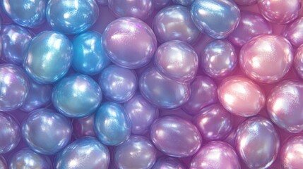Fototapeta premium Close-up of iridescent spheres in blue and pink hues, abstract background with a pearlescent texture, studio shot with soft lighting