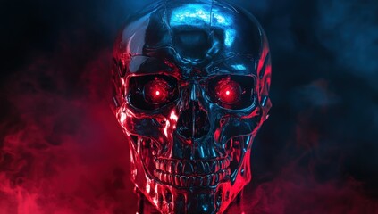 Metallic skull with glowing red eyes