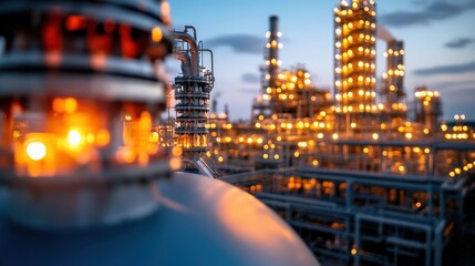 Industrial refinery complex glows brilliantly under a twilight sky with intricate pipe systems visible now.