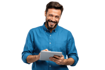 Confident Man Engaged with Technology: A sophisticated man, radiating confidence, is engrossed in his digital tablet.