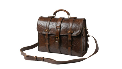 Medieval Andorran mail carrier satchel made of aged goat leather isolated on white background early communication relic