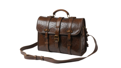 Medieval Andorran mail carrier satchel made of aged goat leather isolated on white background early communication relic