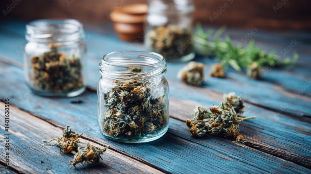Poster soft natural light highlights glass jars filled with chamomile buds on a rustic wooden shelf, creati