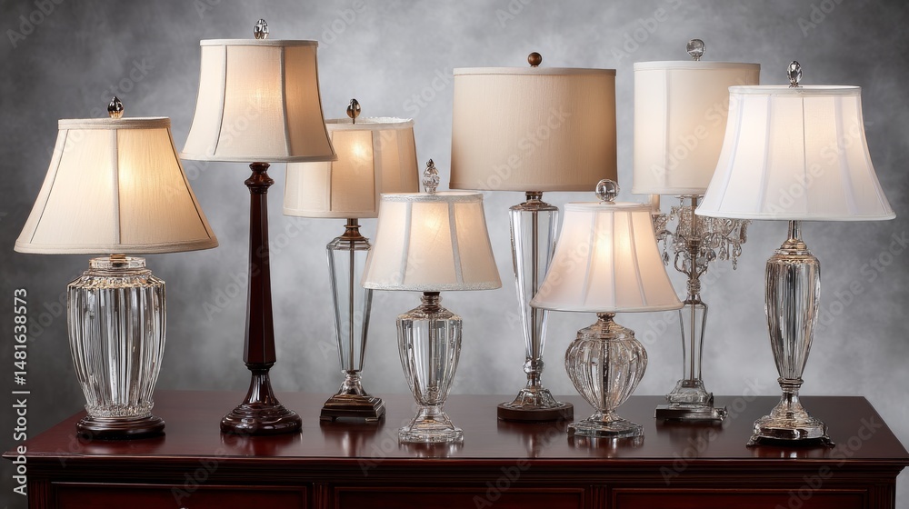 Aufkleber an assortment of diverse vintage and modern lamps are artistically arranged on a smooth gray surface