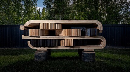 Wooden table with intricate design,  multi-layered construction.  Exhibits unique form,  built-in components,  outdoor setting