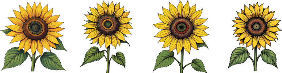 Fototapeta premium Cut Out Set of Sunflower head isolated on Transparent or white background, Vintage sketch vector illustration.