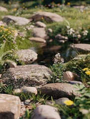 Obraz premium Serene waterscape with wildflowers and rocks, low angle shot, peaceful nature scene, tranquil environment, lush greenery