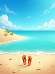 Obraz premium Turquoise flip flops rest on the golden sand of a tropical beach where the gentle waves of the clear ocean meet the sunny coast under a vast summer sky with soft white clouds, a serene seascape embody