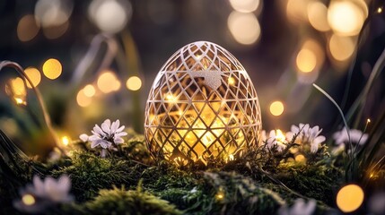 Ornate, illuminated Easter egg nestled in moss and flowers.