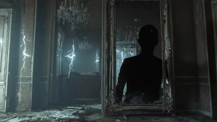 Old dusty mirror reflecting empty room, sudden shadow movement in background, over-the-shoulder camera shot, moody lighting, slow zoom, classic psychological horror style 