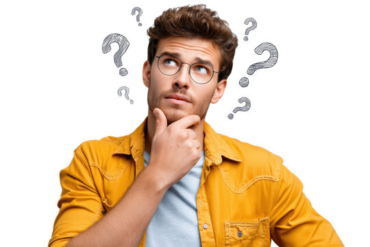 A Pensive Man Surrounded by Question Marks: A thoughtful man, gazing upwards with a contemplative expression, is surrounded by question marks, hinting at introspection and uncertainty.