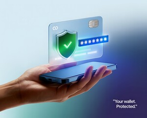 Secured digital payment concept smartphone holding credit card shield password protection