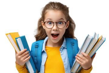 Eager Scholar's Enthusiasm: A young student beams with joyful anticipation as she carries an armful of books, a symbol of her readiness for learning and the excitement of knowledge.