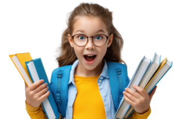 Eager Scholar's Enthusiasm: A young student beams with joyful anticipation as she carries an armful of books, a symbol of her readiness for learning and the excitement of knowledge.