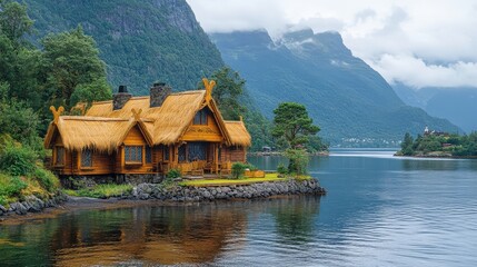 Naklejka premium Picturesque wooden house nestled beside a serene fjord.