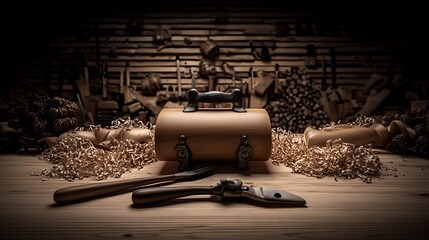 Wooden tools and box on workbench