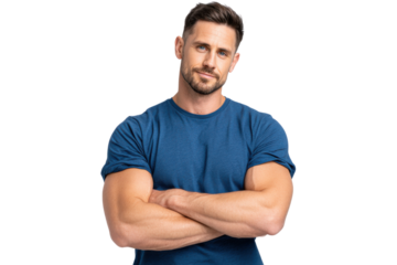 Confident Man Portrait: A handsome man with a composed expression stands, arms crossed, portraying confidence and approachability. The image conveys a sense of calm and strength.