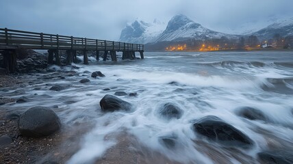 Long Exposure of Ocean Waves Crashing on Rocky Shore near Snowy Mountains at Dusk