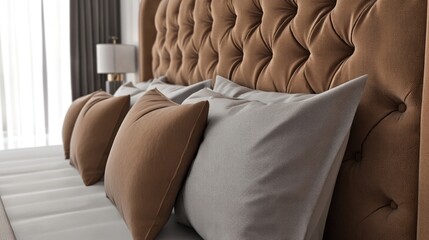 Big bed with soft brown headboard and pillows close-up