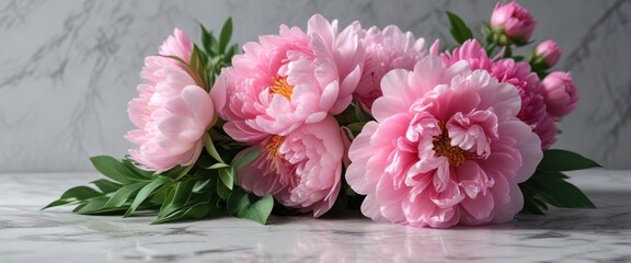 Pink peony bouquet on a marble or stone surface , peony flowers, flower arrangement
