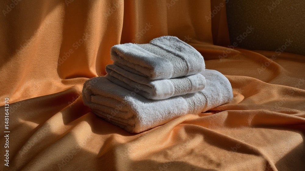 Aufkleber fluffy white towels are neatly stacked on a luxurious silky peach sheet, complemented by soft natura