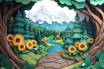 Obraz premium Paper Art Forest Scene with Sunflowers and Mountain View from Trail Perspective, Cutout Style, Nature Illustration