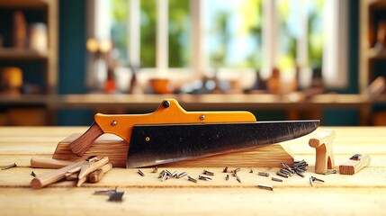Wooden tools on a workbench, sunlight streaming through window