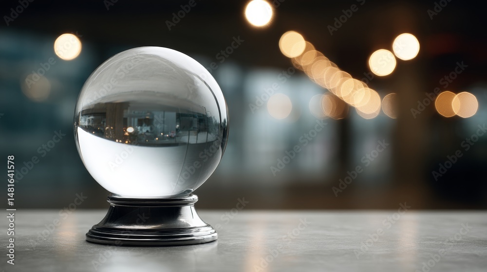 Aufkleber a glowing silver orb with a dark core rests on a polished pedestal, surrounded by enchanting bokeh l