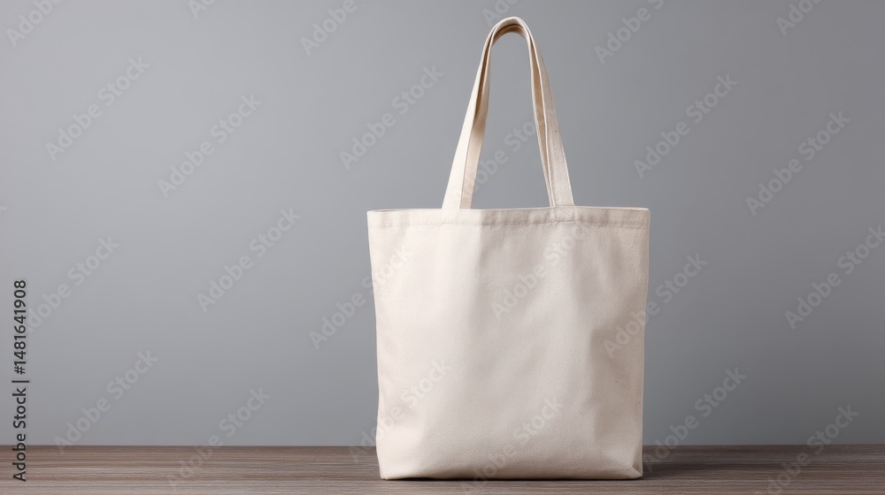 Poster stylish beige canvas tote bag folded naturally on a neutral stone surface, showcasing its versatilit