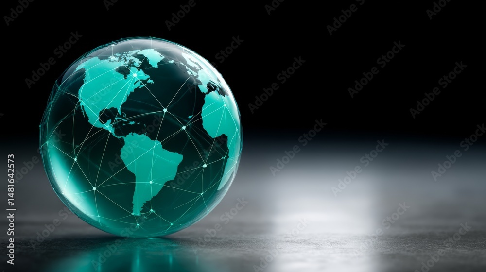 Poster holographic globe glows with teal connections, illustrating urban networks. set against a dark backg