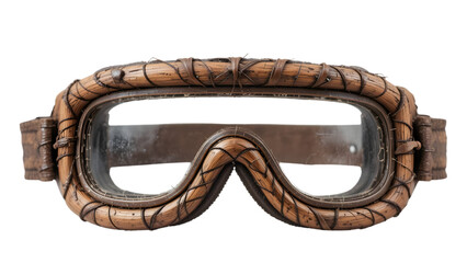 Vintage handmade Andorran snow goggles made of wood and hide used by mountain hunters isolated on white