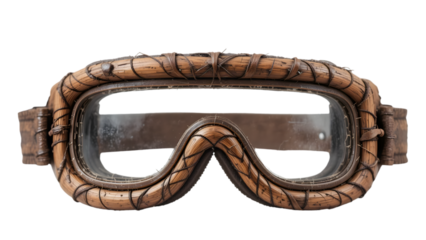 Vintage handmade Andorran snow goggles made of wood and hide used by mountain hunters isolated on white