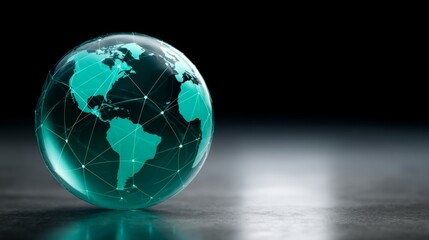 Holographic globe glows with teal connections, illustrating urban networks. Set against a dark background, it emphasizes global connectivity and technology