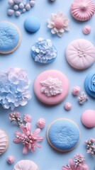 Fototapeta premium Overhead flat lay of pastel cookies and flowers on light blue background for spring or baby shower celebration