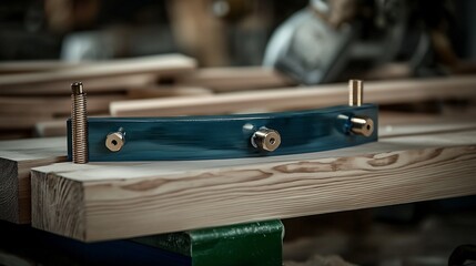 Wooden workbench component.  Dark blue curved piece clamped to light-colored wood