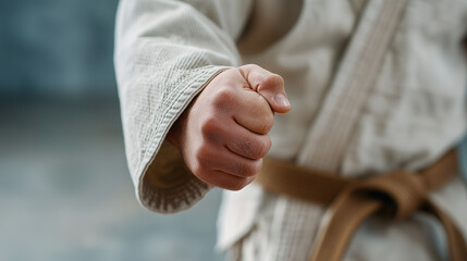 Focused Karate Chop: A close-up view showcases a karate practitioner's clenched fist and gi. Demonstrating the precise form and technique in a martial arts performance. 