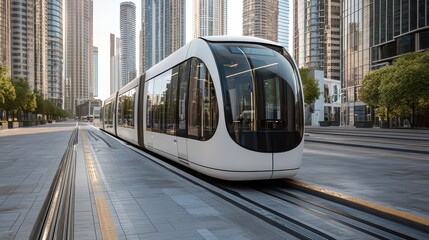 Modern tram in an urban city landscape setting.