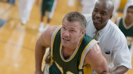 Fototapeta premium Intense basketball moment: A focused basketball player battles hard in the midst of a game, head to head with his coach. A moment frozen in time showcasing determination.