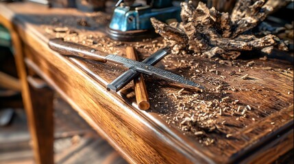 Wooden workbench with tools and sawdust. Woodworking tools on a dark wooden table