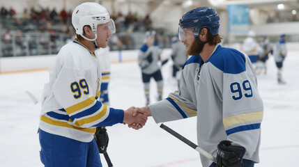 Ice Hockey Players Shaking Hands: Two ice hockey players in jerseys, facing each other with a handshake in a stadium, capturing a moment of respect and sportsmanship.
