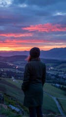 Woman in green coat looking at colorful sunset over valley from mountaintop