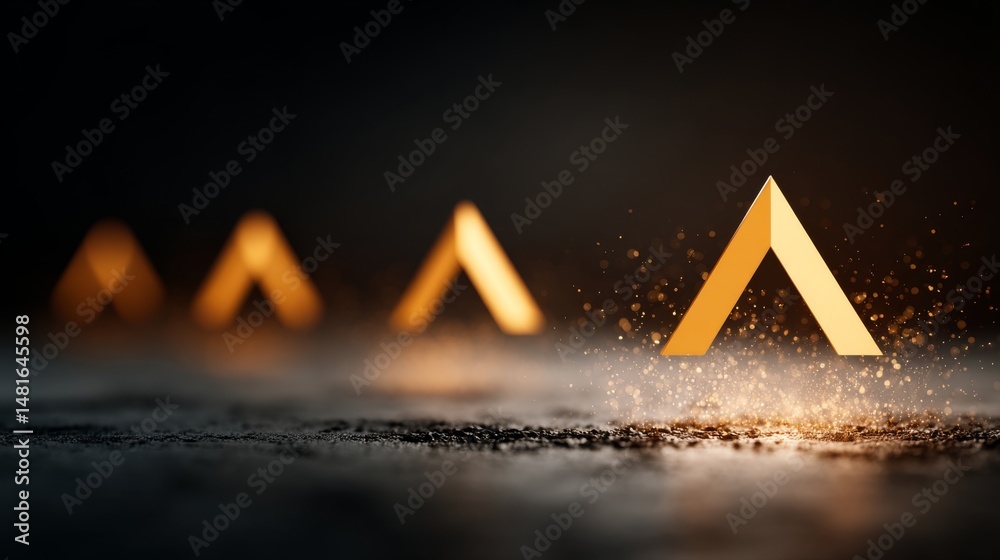 Poster glowing triangles rise against a dark background, surrounded by sparkling bokeh, symbolizing aspirat