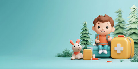Fototapeta premium A charming 3D illustration of a happy boy and his puppy, all set for a camping trip,
