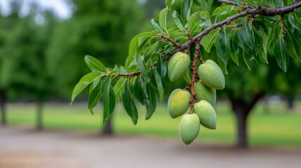 Sun-kissed almonds dangle from a leafy branch in a tranquil grove, highlighting the beauty of agriculture on a sunny day in a peaceful landscape